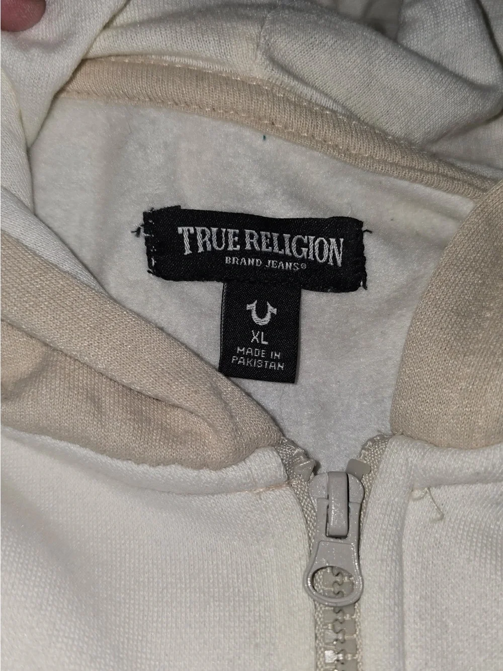 True Religion Two-Tone Cream & Beige Hooded Zip Sweatshirt